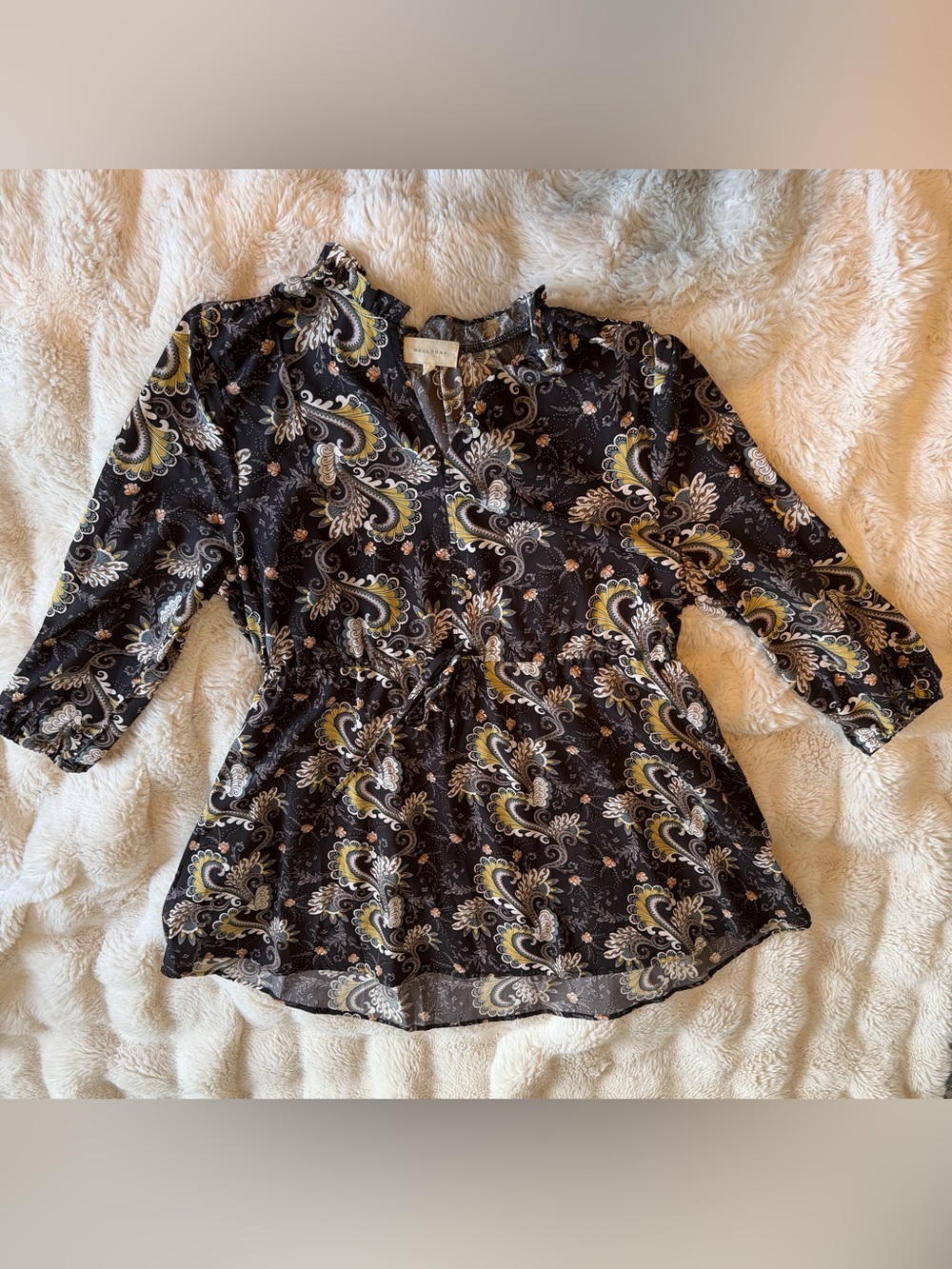 Melloday 1X Paisley Tie Waist Tunic Top Boho 3/4 Sleeve